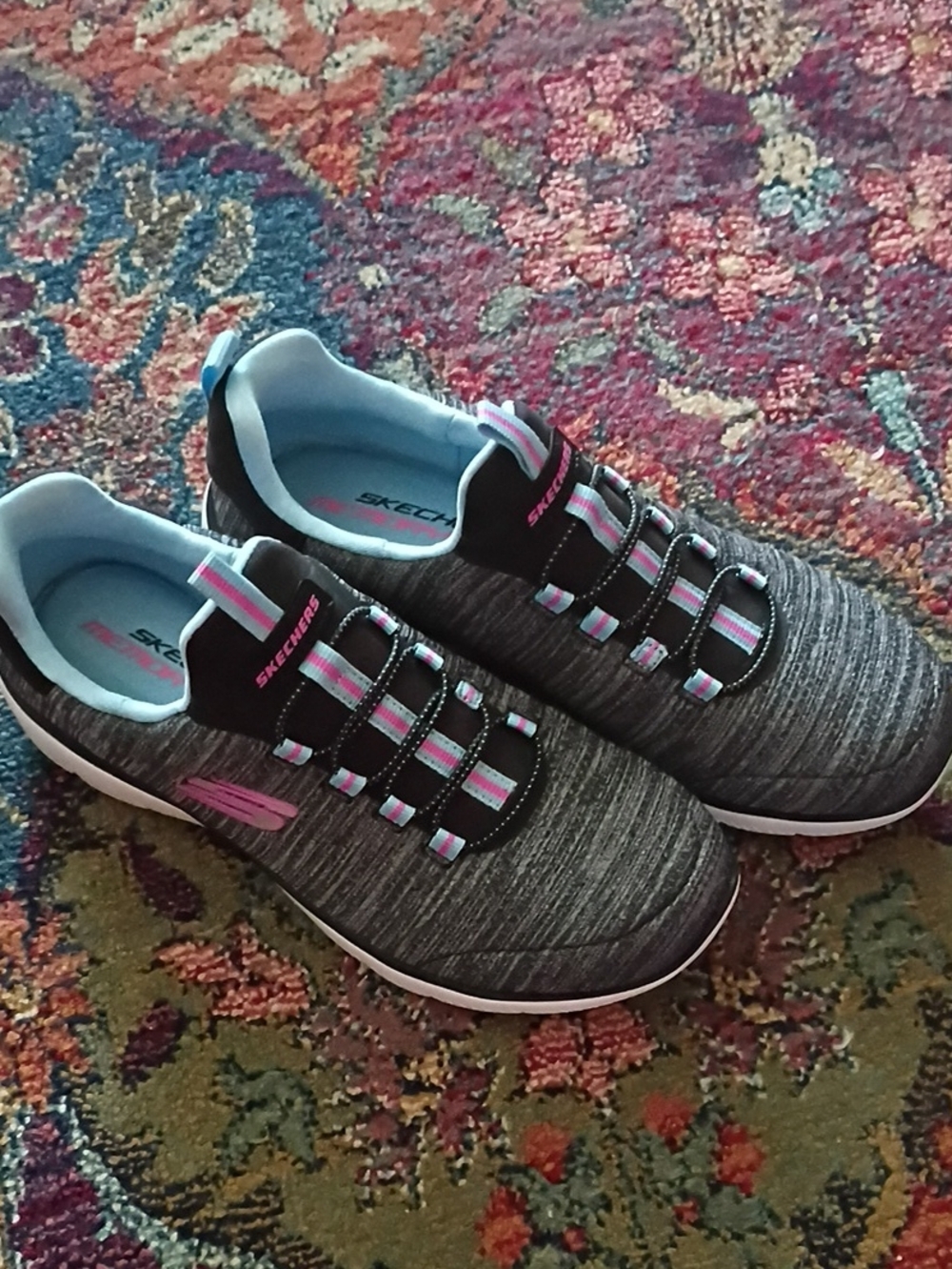 Skechers Women's Gray Knit Slip-On Sneakers with Pink and Light Blue Accents